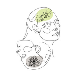 Mental Health For Women. One Line Drawing of Two Human Mirrored Heads With Quote In Brain. Vector Illustration For Therapist And Psychologist