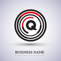 Letter Q vector logo symbol in the circle thin line colored black and red. Design for your business or company identity.