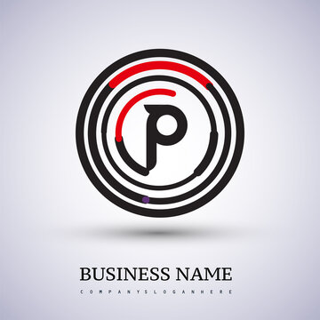 Letter P vector logo symbol in the circle thin line colored black and red. Design for your business or company identity.