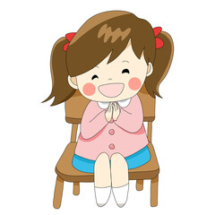 制服を着ていただきますの挨拶をする女の子の園児
