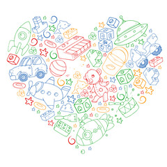 Set of vector toys for little children. Ufo, submarine. Cartoon dinosaur. Kindergarten kids.