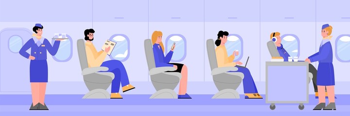 Airplane interior view with passengers sitting in seats and flight attendants or stewardesses, flat cartoon vector illustration. Serving passengers during the flight.