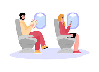 passengers during flight by airplane sitting on their seats, flat cartoon vector illustration isolated on white background. Cartoon man and woman in plane.