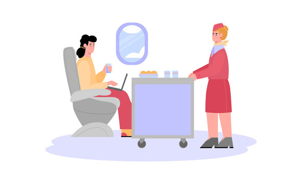 Flight attendant walking in aircraft offering plane passengers food and drinks. Airline service with stewardess, flat cartoon vector illustration white background