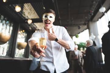 Happy business party celebration with drinking beer and champaing for work success at pub bar restaurant