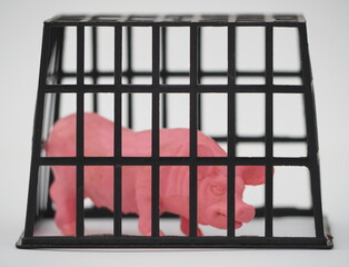 Toy sow in a cage. Farm animals.