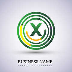 Letter X vector logo symbol in the circle thin line colored green and yellow. Design for your business or company identity.