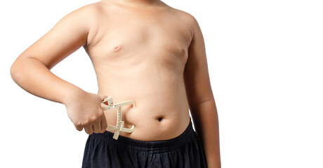 Fat boy with measuring caliper isolated on white background.healthy concept.