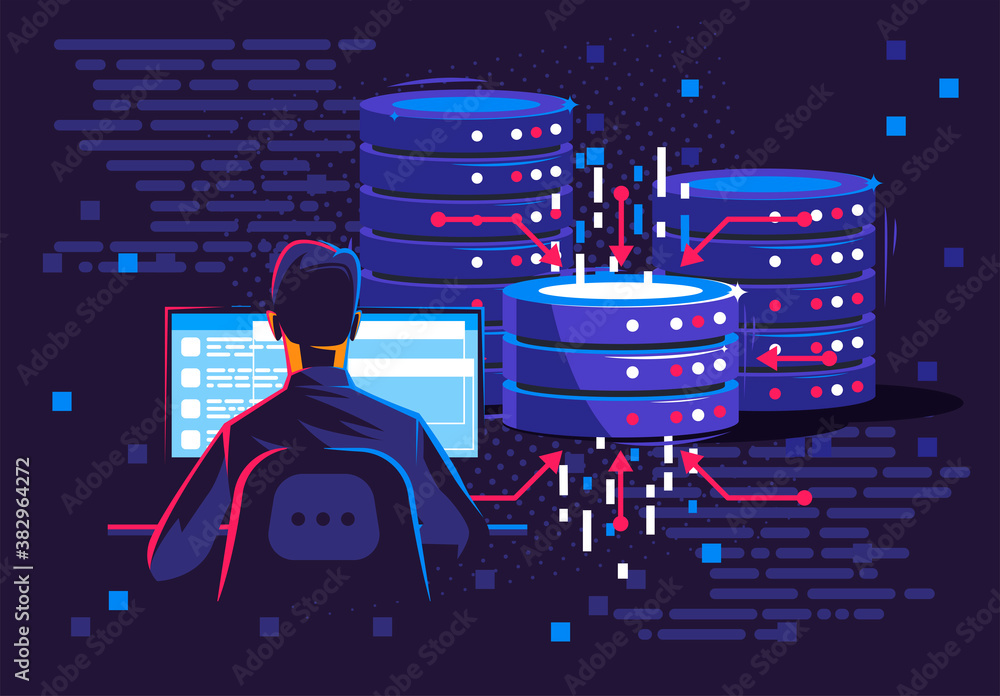 Poster vector illustration of a man sitting at a computer, a system administrator in a data center room, in