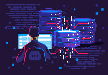 Vector illustration of a man sitting at a computer, a system administrator in a data center room, information storage on a network disk - obrazy, fototapety, plakaty