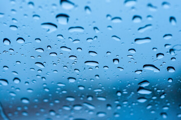 Water drop on mirror reflection with light made mor color blue green violet.
