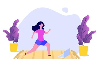 Online sports tutorial, Yoga studios streaming consept. Working out at home. Vector illustration