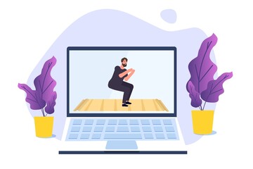Online sports tutorial, Yoga studios streaming consept. Working out at home. Vector illustration