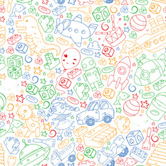 Set of vector toys for little children. Ufo, submarine. Cartoon dinosaur. Kindergarten kids.