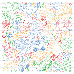 Naklejka premium Set of vector toys for little children. Ufo, submarine. Cartoon dinosaur. Kindergarten kids.