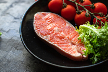 salmon fish raw red steak fillet seafood serving size copy space for text diet pescetarian food background rustic