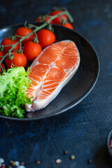 salmon fish raw red steak fillet seafood serving size copy space for text diet pescetarian food background rustic