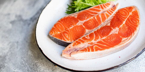 salmon fish raw red steak fillet seafood serving size copy space for text diet pescetarian food background rustic