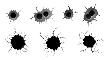 Bullet hole and ground cracks set. Metal single and double bullet hole, damage effect. Earthquake and ground cracks, craquelure and damaged wall texture. Vector illustrations for topics earthquake