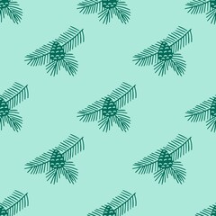 Hand drawn seamless pattern  doodle of fir tree branch with cones isolated on green background. Conifer sketch. Vector illustration. Design for wrapping, wallpaper, textile