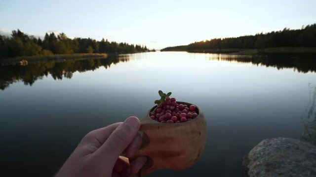 POV shot of  Lingonberries in wooden cup at clean lake in Northern Europe