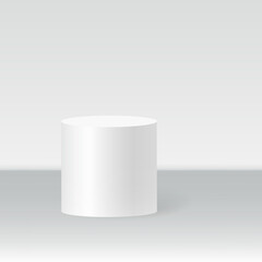 Single cylinder podium scene, winner pedestal. White cylinder template for showroom podium scene. Vector white pedestal for product presentation