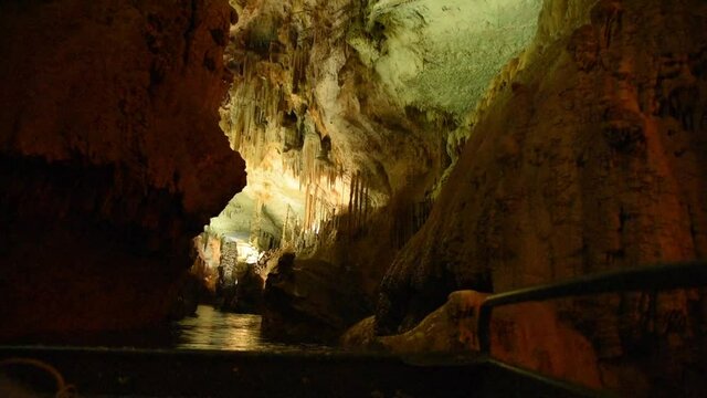 Cave, Underground river, Sail in a boat on an underground river, river in a cave, large cave with an underwater river, staloctites, stalogmites