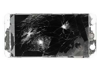 broken smartphone isolated white background. broken phone display with cracks