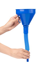 hand holding funnel liquid isolated on white background