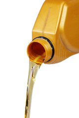 Engine motor oil pouring from a plastic container, isolated on a white background