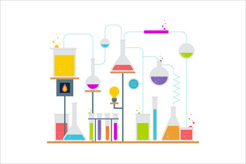 lab equipment conical flask, test tubes, burner, round bottom flask vector design illustration