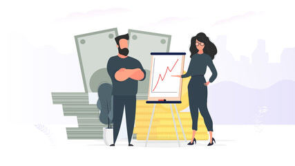 The girl shows a report to the boss. Presentation with positive dynamics. Board for paper. Infographics. Business growth. Vector.