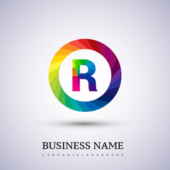 R letter colorful logo polygonal style isolated in the circle shape. Vector design template elements for your application or company identity.