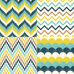 Vector set of four teal, aqua and yellow chevron seamless patterns. Repeated braid & scallop backgrounds
- 382968892