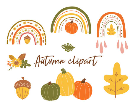Autumn clipart. Autumn rainbow, cute fall pumpkin, leaves, fall flower, acorn. Autumn trendy set. Cute rainbows