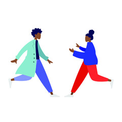 2 women are running towards each other, flat color illustration, young people are catching something, character pose