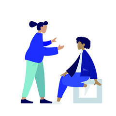 Two women are talking face to face, colorful human illustrations on white background, woman illustration