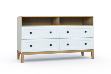 3D illustration. White modern design chest of drawers with black handles isolated on white background. Solid oak wood legs. Thin body edges. TV stand furniture with open shelves. Classic style.