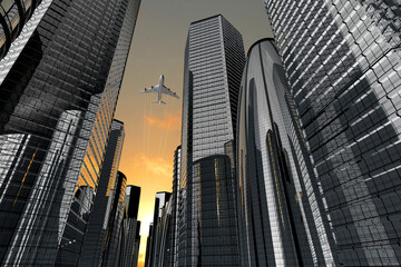 Fototapeta na wymiar Airplane plying in business district area, skyscrapers - 3D illustration