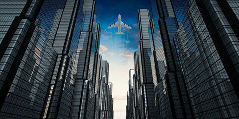 Fototapeta premium Airplane plying in business district area, skyscrapers - 3D illustration