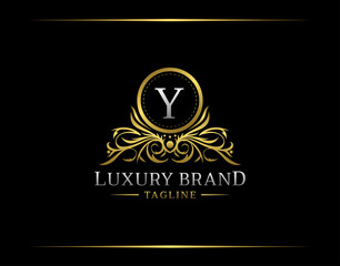 Luxury Boutique Logo With Y Letter. Elegant Golden badge With Floral Shape perfect for salon, spa, cosmetic, Boutique, Jewelry.