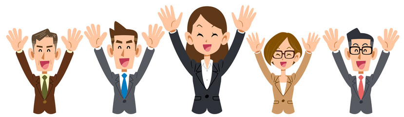 女性を中心に両手を上げて喜ぶビジネスのチームの上半身
