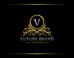 Luxury Boutique Logo With V Letter. Elegant Golden badge With Floral Shape perfect for salon, spa, cosmetic, Boutique, Jewelry.