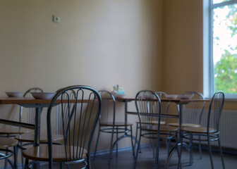 school kitchen canteen, set tables, canteen equipment, catering establishment