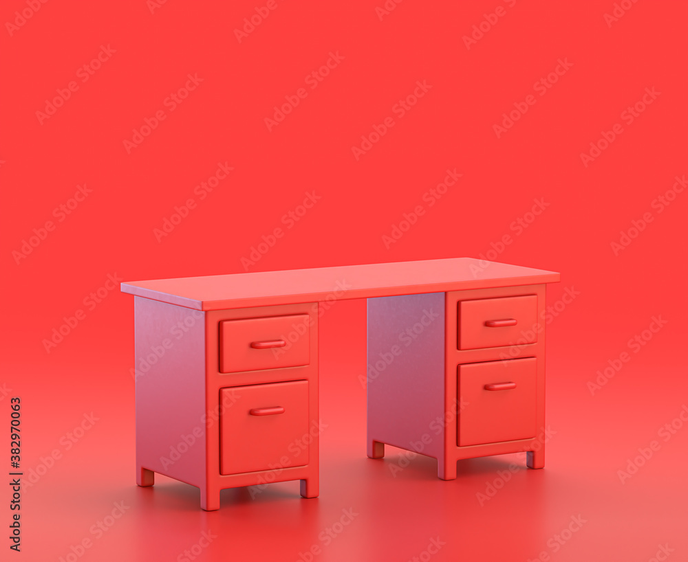 Poster monochrome single color red 3d icon, a work table desk in red background,single color, 3d rendering