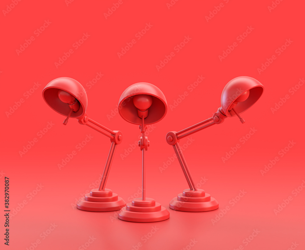 Poster monochrome single color red 3d icon, a group of table lamp in red background,single color, 3d render