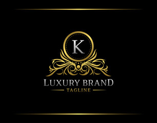 Luxury Boutique Logo With K Letter. Elegant Golden badge With Floral Shape perfect for salon, spa, cosmetic, Boutique, Jewelry.