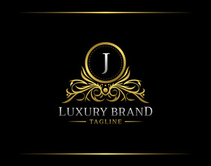 Luxury Boutique Logo With J Letter. Elegant Golden badge With Floral Shape perfect for salon, spa, cosmetic, Boutique, Jewelry.