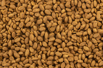 Food for animals background. Dry cat and dog food texture. Pet meal background close up
