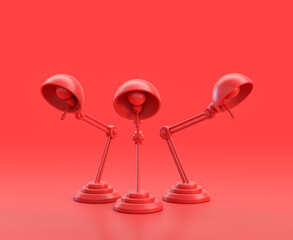 monochrome single color red 3d Icon, a group of table lamp in red background,single color, 3d rendering